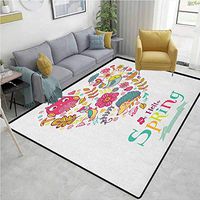 YucouHome Hello Patchwork Floor Mat for Kids, Doodle Style Hello Spring Quote Printed with Heart Shaped Frame of Animals Flowers, Fashionable High Class Living Bedroom Rugs(2.5'x 9') Multicolor