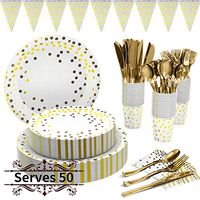 351 Pcs Gold Party Supplies Set - Disposable Gold Dot Paper Plates Dinnerware Serves 50 - Plates Napkins Cups with Gold Plastic Silverware Sets Banner for Baby Shower Birthday Parties Wedding