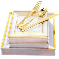 IOOOOO 120 Pieces Clear Gold Plastic Square Plates with Disposable Silverware, Disposable Plastic Dinnerware Include: 24 Dinner Plates 9.5", 24 Dessert Plates 7", 24 Forks, 24 Knives, 24 Spoons