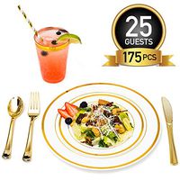 Gold Plastic Dinner Plates Disposable Dinnerware Set for 25 Guests | 12 oz Rimmed Cups & Straws | Cocktail Recipe eBook | 175 Pieces [25 Forks, Knives, Spoons, Cups, Salad & Dinner Plates]