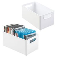 mDesign Plastic Stackable Household Storage Organizer Container Bin Box with Handles - for Media Consoles, Closets, Cabinets - Holds DVD's, Video Games, Gaming Accessories, Head Sets, 2 Pack - White