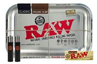 RAW Small Rolling Tray (Silver), RAW Organic 1 1/4 Rolling Papers, with Clipper Lighter"Rolling Paper Depot" Design (2 lighters)- 4 Item Bundle