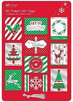 The Home Fusion Company 50 X Christmas Xmas Foiled Gift Tags Modern Red Green Silver Card Designs
