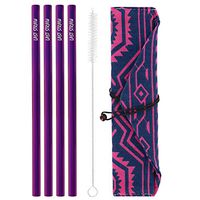 LAST STRAW Collection – Stainless Steel Purple Cocktail Straws and Brush in a Geometric Rollbag