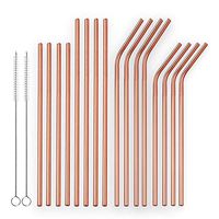 Berglander Reusable Titanium Plated Stainless Steel Rose Gold Drinking Straws Straight and Bent Metal Straws with Brushes for Milkshakes, Frozen Drinks, Smoothies, Bubble Tea, Copper Straws, Set of 18