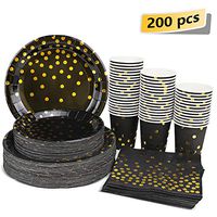 Black and Gold Party Supplies - 200PCS Disposable Black Paper Plates Dinnerware Set Gold Dots 50 Dinner Plates 50 Dessert Plates 50 9oz Cups 50 Napkins Wedding Birthday Party Baby Shower Christmas