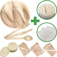 LIQUIDATION disposable wooden plates w PAPER STRAWS IN RESEALABLE BAG - 250 pack: 50 Spoons 50 Forks 50 Knives 50 Plates 50 Straws. Perfect for all occasions: wedding, baby shower, st patrick