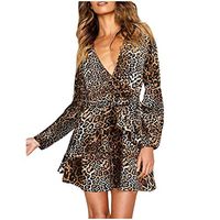 Amlaiworld Women V Neck Dress Floral Long Sleeve A-Line Wrap Ruffle Flowy Mini Swing Short Party Dress with Belt Brown