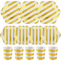 ALINK 150PCS White Gold Metallic Striped Paper Plates and Cups Set, 50 Dinner Plates, 50 Salad/Dessert Plates, 50 9 oz Cups for Thanksgiving, Christmas, Baby/Bridal Shower, Wedding, Birthday, Holid