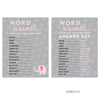 Andaz Press Girl Elephant Baby Shower Collection, Games, Activities, Decorations, Word Scramble Game Cards, 20-Pack