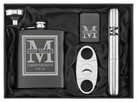 Custom Initial Deluxe Engraved 7 oz Flask Funnel Cigar Cutter Lighter Stainless Steel Gift Box Set Personalized