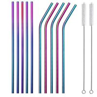 Rainbow Stainless Steel Metal Straws Reusable Drinking Straws of 10.5" Ultra Long with Cleaning Brush for 32oz/30oz/20oz tumblers YETI Dishwasher Safe(5 Straight & 5 Curved Straws,2 Cleaning Brush)