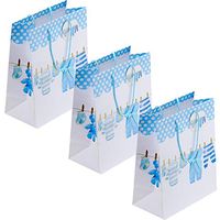Kicko Large Blue Baby Gift Bags - 3 Pack - 13 Inches, Featuring Onesies, Bibs, Newborn Socks and Clothes on a Clothesline - for Party Favors, Baby Showers, New Moms and Dads, Books, Stuffed Animals