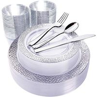 180pcs Plastic Silver Lace Plates, Silver Plastic Silverware,Plastic Cup with silver rim, Include 30 Dinner Plates, 30 Salad Plates, 30 Silver Cups, 30 Silver Knives, 30 Silver Forks, 30 Silver Spoons