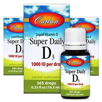 Carlson Super Daily D3 1,000 IU (25 mcg), Heart & Immune Health, Teeth & Bone Support, Unflavored, 365 Drops (3 Pack)