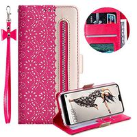 Stylish Flip Wallet Case for Huawei P20,Lace Pattern PU Leather Case for Huawei P20,Moiky Rose Red Lace Hollow Case with Wrist Strap Shockproof Magnetic Closure Protection