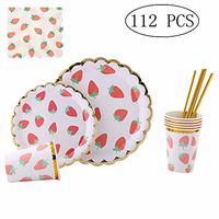 112 Piece Disposable Dinnerware Set,Plates, MaitianGuyou Cups, Straws & Napkins: 20 Dinner Plates, 20 Dessert Plates, 20 Cups, 20 Straws & 32 Napkins for Party(Strawberry)