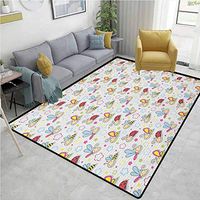 YucouHome Nursery Striped Bath Mats for Floors, Adorable Bugs with Colorful Flowers Ladybugs Dragonflies Bees Animal Fun, Fashionable High Class Living Dinning Room(6'x 9') Pale Blue Pink Red