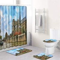 Naiflowers Bath Shower Curtain Sets 4 Piece, Bathroom Shower Curtain & Toilet Mat & Lid Cover & Non Slip Rugs Notre Dame de Paris Printing Tub Living Room Washable Bath Curtain Carpet (E)