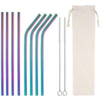 Reusable Stainless Steel Metal Straws 8.5 inch Metal Drinking Straw for 20 oz Tumblers Cups Mugs, Cleaning Brush and Cloth Bag Included (4 Straight and 4 Bent Drinking Straws Rainbow Color)