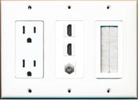 RiteAV - (3 Gang 15A Power Outlet Mesh-Brush 2 HDMI Coax Wall Plate White