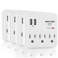 [4 Pack] BESTTEN USB Wall Tap, Multi-Plug Surge Protector with 2 USB Charging Ports and 3 Electrical Outlets, Power Strip Splitter, ETL Certified, White