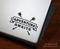 Adventure Awaits Decal (with Arrows) - Outdoor Recreation, Explorer Sayings - Laptop Decal, Tablet Decal (4 inches wide, Custom Color)