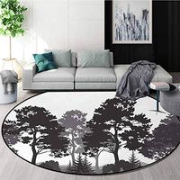 Black And White Computer Chair Floor Mat,Summer Forest With Pine And Fir Trees Grass Bush Silhouettes Printed Round Carpet For Children Bedroom Play Tent Diameter-47 Inch,Grey White Charcoal Grey