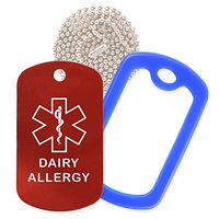 Dairy Allergy Medical Alert ID Necklace with Red Tag, Blue Silencer, and 30'' USA Chain - 154 Color Choices