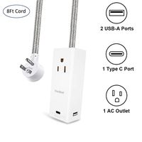 Power Strip with USB C, 8 ft Braided Extension Cord Surge Protector with 3 USB Charging Ports(3.5A Total), Flat Plug, Desktop Charging Station for Home Travel Cruise Ship - White