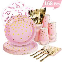 Pink and Gold Party Supplies Set - 168PCS Pink Paper Plates Disposable Dinnerware Set Dots 7” & 9” Paper Plates Napkins Cups Forks Knives Balloons Serve 24 Birthday Party Wedding Baby Shower
