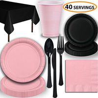 Disposable Party Supplies, Serves 40 - Light Pink and Black - Large and Small Paper Plates, 12 oz Plastic Cups, Heavyweight Cutlery, Napkins, and Tablecloths. Full Two-Tone Tableware Set