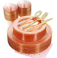 NERVURE 175PCS Pink with Gold Rim Disposable Plastic Plates Set: 25 Dinner Plates,25 Dessert Plates, 25 Forks,25 Knives, 25 Spoons, 25 Cups,25 Napkins.
