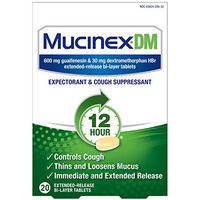 Cough Suppressant and Expectorant, Mucinex DM 12 Hr Relief Tablets, 20ct, 600 mg Guaifenesin, 30 mg Dextromethorphan HBr, Controls Cough and Thins & Loosens Mucus That Causes Cough & Chest Congestion