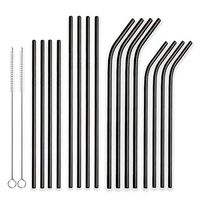 Berglander Reusable Titanium Plated Stainless Steel Drinking Black Straws Straight and Bent Metal Straws with Brushes for Milkshakes, Frozen Drinks, Smoothies, Bubble Tea, Set of 18