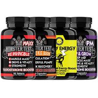 Monster Test MAXX Testosterone Booster + Angry Energy + Monster Nitric Oxide Booster + Monster PM Sleep Aid 4-Bottle Bundle - Maximum Strength Test Boosting Weight Lifting Power Pack for Men (4-Pack)