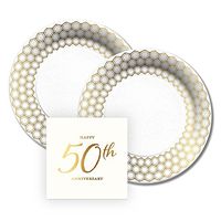 CR Gibson 50th Anniversary Gold Foil Design Paper Dessert Plates and Paper Napkins, 16 Servings, Bundle- 3 Items