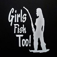 Chase Grace Studio Girls Fish Too Fishing Camping Vinyl Decal Sticker|White|Cars Trucks Vans Canoe Kayak SUV Laptops Wall Art|5" X 4.5"|CGS754