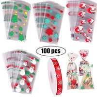 Luxtrip 100 Pieces Christmas Cellophane Bags Snowflake Snowman Santa Claus Christmas Trees Patterns,150 Pieces Twist Ties,1 roll of Ribbon for Gift Bags, Christmas Cookie Bags, Xmas Goody Bags
