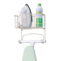 mDesign Metal Wall Mount Ironing Board Holder with Large Storage Basket - Holds Iron, Board, Spray Bottles, Starch, Fabric Refresher for Laundry Rooms - Satin
