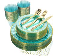 NERVURE 175PCS Mint with Gold Rim Disposable Plastic Plates Set: 25 Dinner Plates,25 Dessert Plates, 25 Forks,25 Knives, 25 Spoons, 25 Cups,25 Napkins.