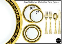 Royalty Settings Royal Collection Premium Plastic Plates for Weddings for 40 Persons, Includes 40 Dinner Plates, 40 Salad Plates, 80 Forks, 40 Spoons, 40 Knives, Black and Gold Rim