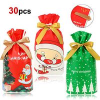 HOWAF Christmas Drawstring Gifts Treat Candy Bags for Xmas Storage Presents Sweets, Medium Christmas Tree Santa Goody Bags for Kids Adult Christmas Party Bag Fillers Party Decoration Supplies, 30pack