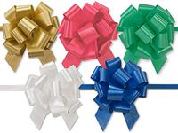 Flora Satin Gift Pull Bows - Christmas Assortment 2.5" Pull Bows Emerald, H.Gold, Red, White, Royal (4 Packs; 50 Bows Per Pack) - WRAPS-PB2CA