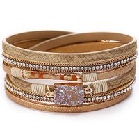 BOLUBILUY Multi-Layer Leather Bracelet - Braided Wrap Cuff Bangle with Alloy Magnetic Khaki