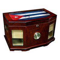 Large Premium Desktop Humidor - Glass Top - Flag of Cuba (Cuban) - Wood Design - 300 Cigar Capacity - Cedar Lined with Two humidifiers & Large Front Mounted Hygrometer.
