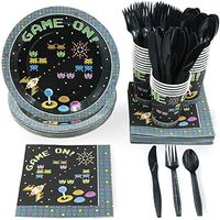 Juvale 144-Piece Game On Arcade Party Pack (Serves 24 Guests) Plates, Napkins, Cups, Forks, Spoons and Knives