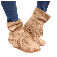 LuluZanm Womens Moccasins Ankle Boots,Ladies Fringe Round Toe Solid Color Flat Shoes Tassel Rome Retro Buckle Mid Boots Brown
