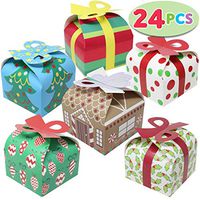 24 Pieces 3D Christmas Goody Gift Boxes with Bow for Holiday Xmas Goodie Paper Boxes, School Classroom Party Favor Supplies, Candy Treat Cardboard Cookie Boxes.