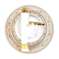 BLISSFUL DINING | 175 Pieces Disposable Gold Plastic Plates & Silverware Set: 25 Dinner Plates, 25 Appetizer/Dessert Plates, 25 Spoons, 25 Forks, 25 Knives, 25 Cups and 25 Napkins (Gold Rim)